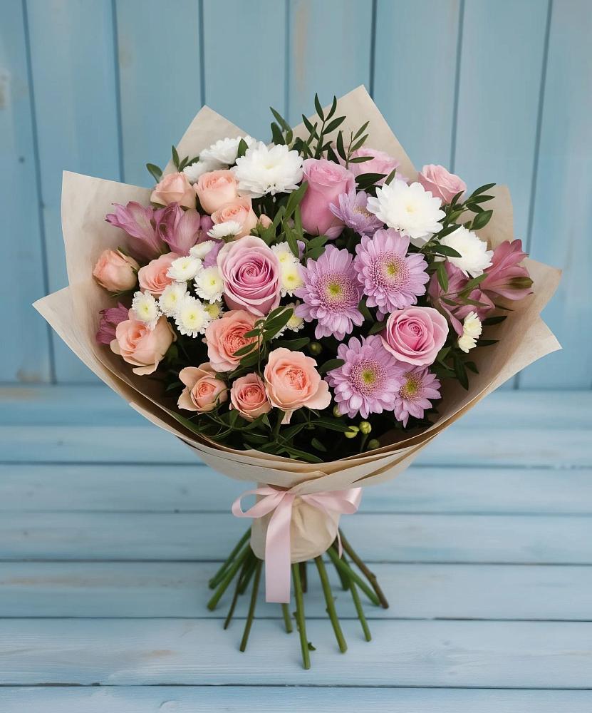 Букет цветов из: Хризантемы, Розы и Альстромерии в Славянске-на-Кубани