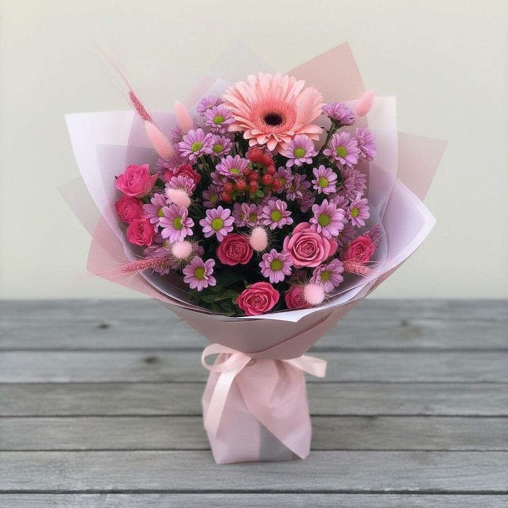 Букет цветов из: Розы, Герберы и Хризантемы в Славянске-на-Кубани