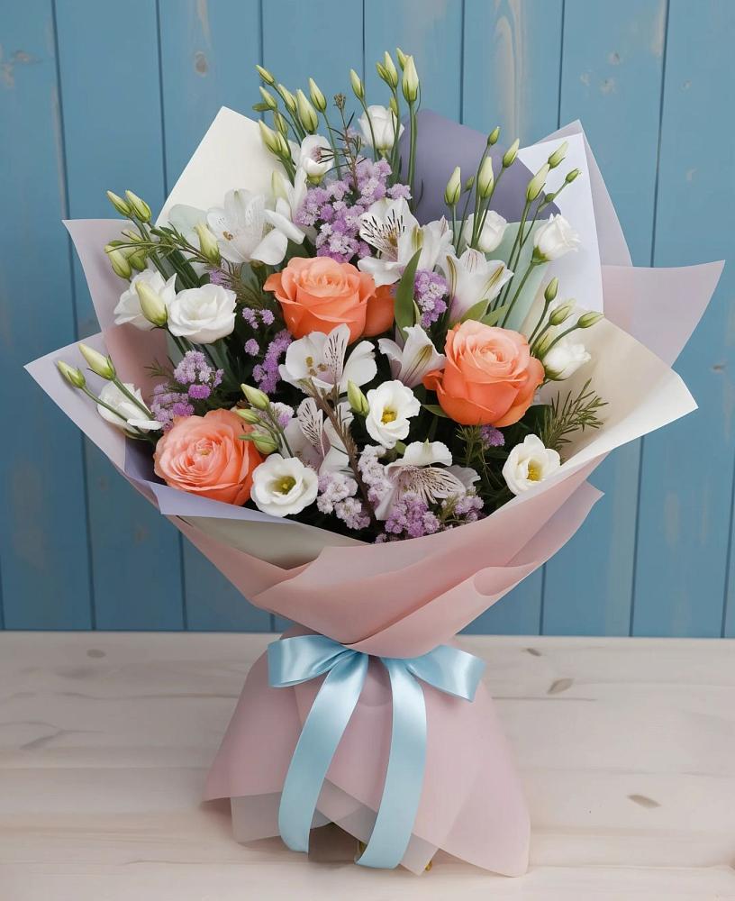 Букет цветов из: Лизиантусы, Розы, Альстромерии и Гипсофила в Славянске-на-Кубани