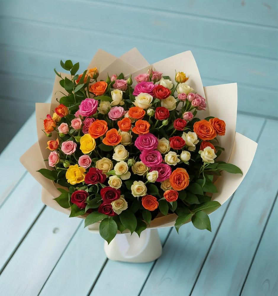 Букет Микс из разноцветных кустовых роз в Славянске-на-Кубани