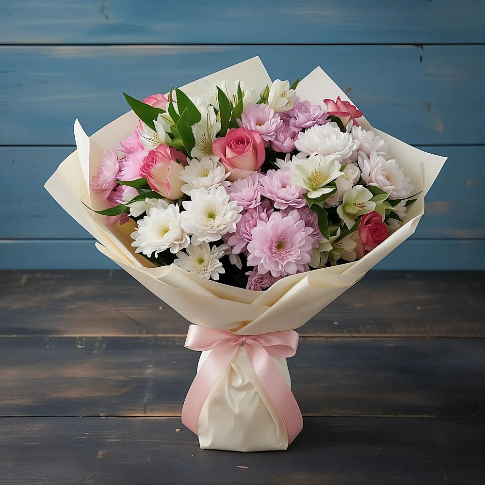 Букет цветов из: Хризантемы, Альстромерии и Розы в Славянске-на-Кубани